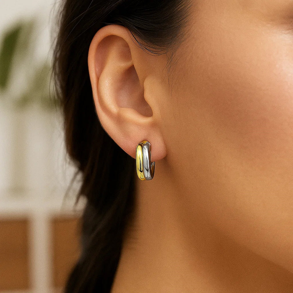 14k Two Tone Gold Double Round Hoops