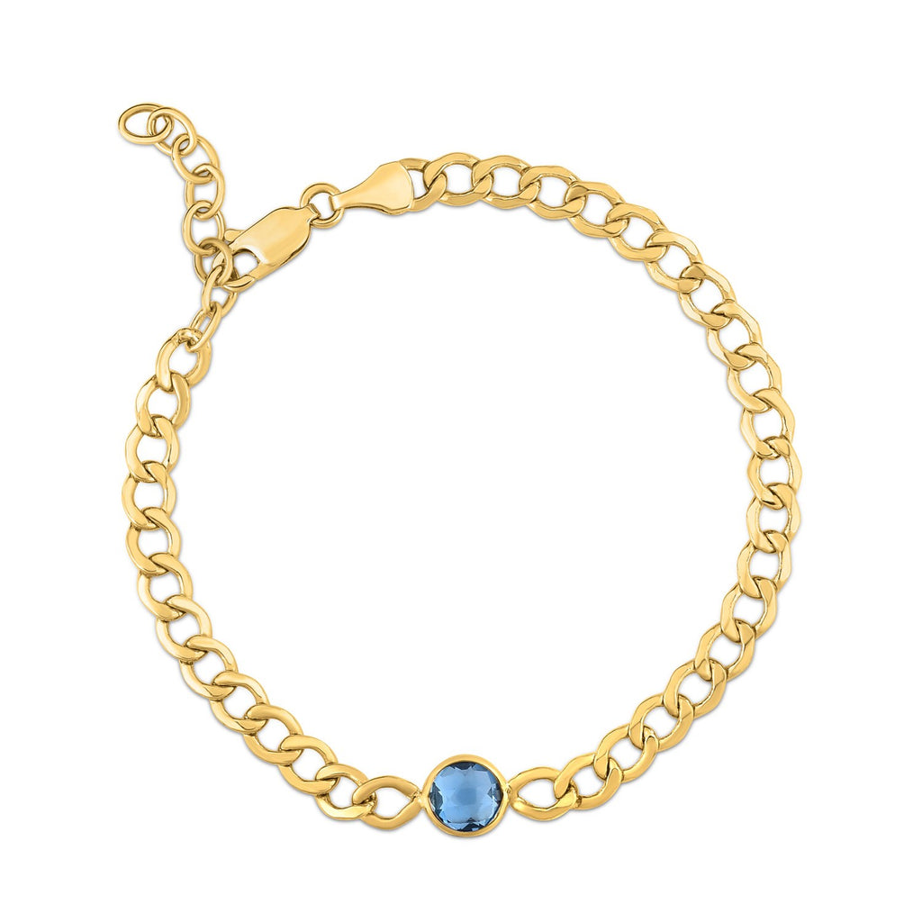 14K Yellow Gold Blue Topaz Curb Chain Bracelet (3.60 mm)
